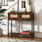 GOFLAME Rattan Console Table, Boho Entryway Table with 2 Drawers & Open Storage Shelf, Narrow Long Sofa Table with Metal Legs, Foyer Table Behind Couch Table for Living Room, Hallway, Rustic Brown