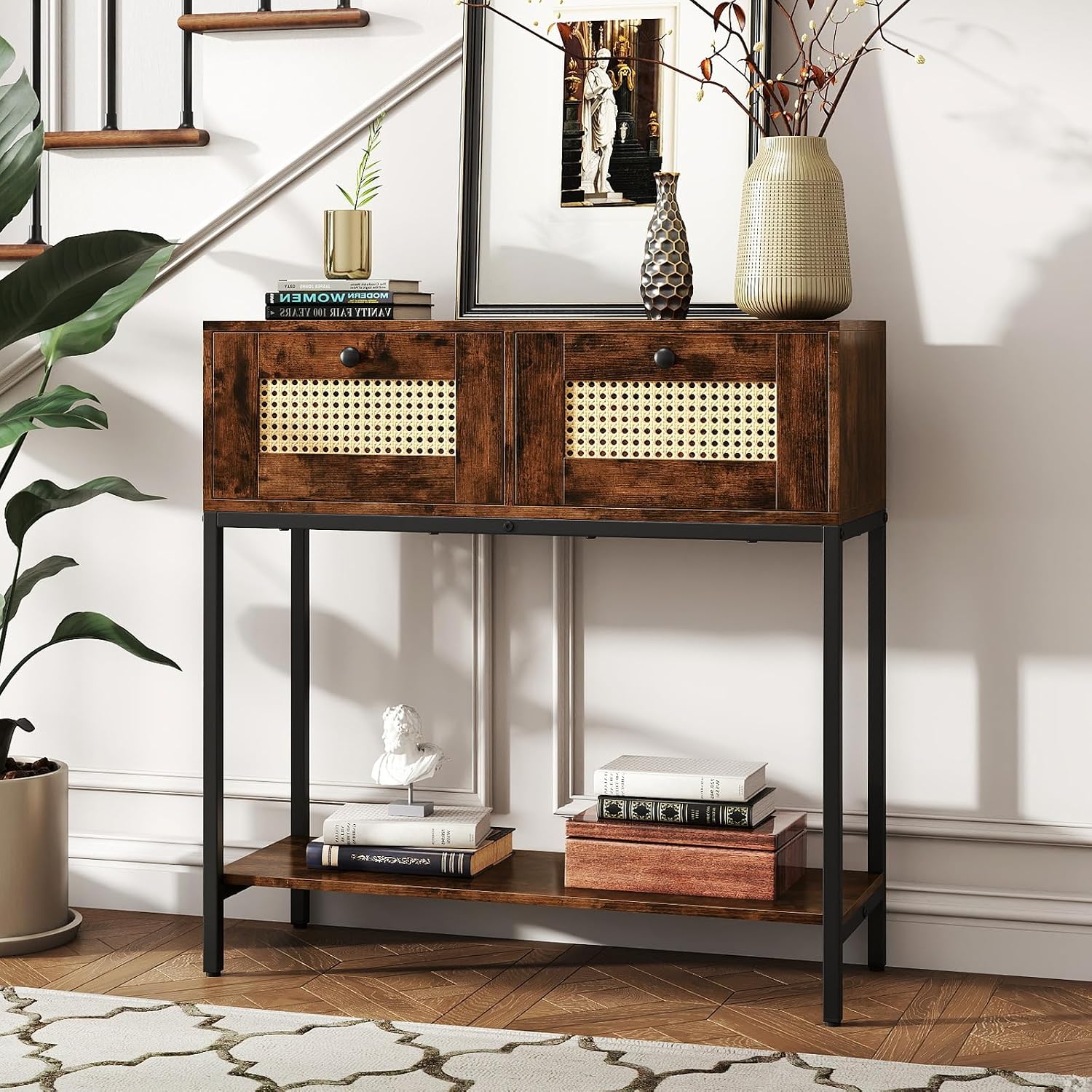 GOFLAME Rattan Console Table, Boho Entryway Table with 2 Drawers & Open Storage Shelf, Narrow Long Sofa Table with Metal Legs, Foyer Table Behind Couch Table for Living Room, Hallway, Rustic Brown