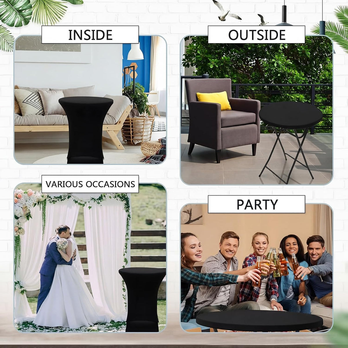 Wenqik 4 Sets 32"x43" High Top Folding Cocktail Tables & Cover,Black | Bar Height Portable Stands with Spandex Covers, Removable Legs for Easy Storage, Ideal for Parties Weddings Events
