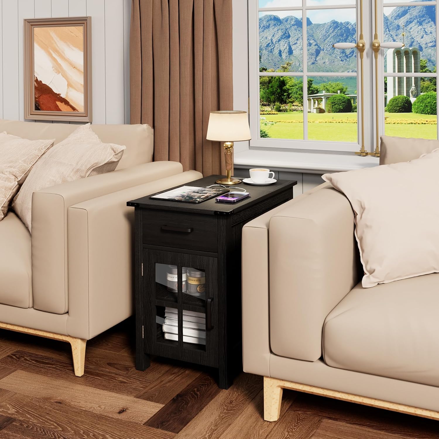 Farmhouse End Table with Charging Station, Narrow Side Table for Living Room, Sofa Side Table with Drawer and Storage Cabinet, Small Nightstand for Bedroom, Home Office