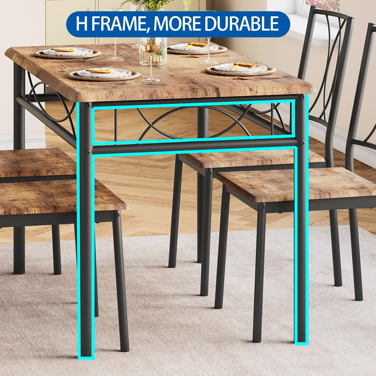GarveeHome Dining Table Set for 4, Rectangle Compact Dining Table and Chairs Set, Small Kitchen Table Set with 4 Wood Chairs for Apartment, Rustic Brown