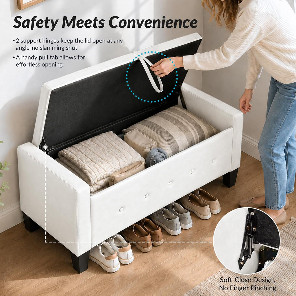 extrasleep 48" White Storage Ottoman Bench, Faux Leather Upholstered Tufted Ottoman, PU Bench for Bedroom Living Room Entryway Hallway, Large Leather End of Bed Benches, Lvory White