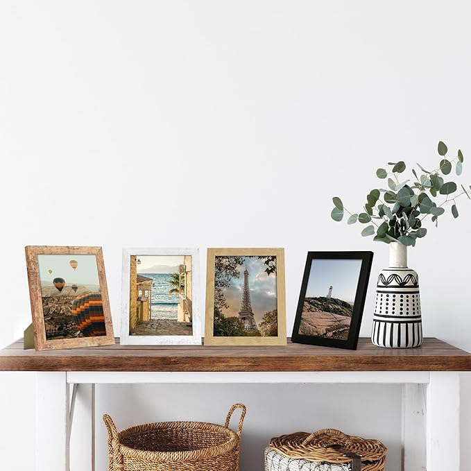 8x10 Picture Frame Set of 4, High Definition Real Glass 8 x 10 Photo Frames for Desktop Display and Wall Mounting(Distressed White+Oak+Rustic Brown+Black)