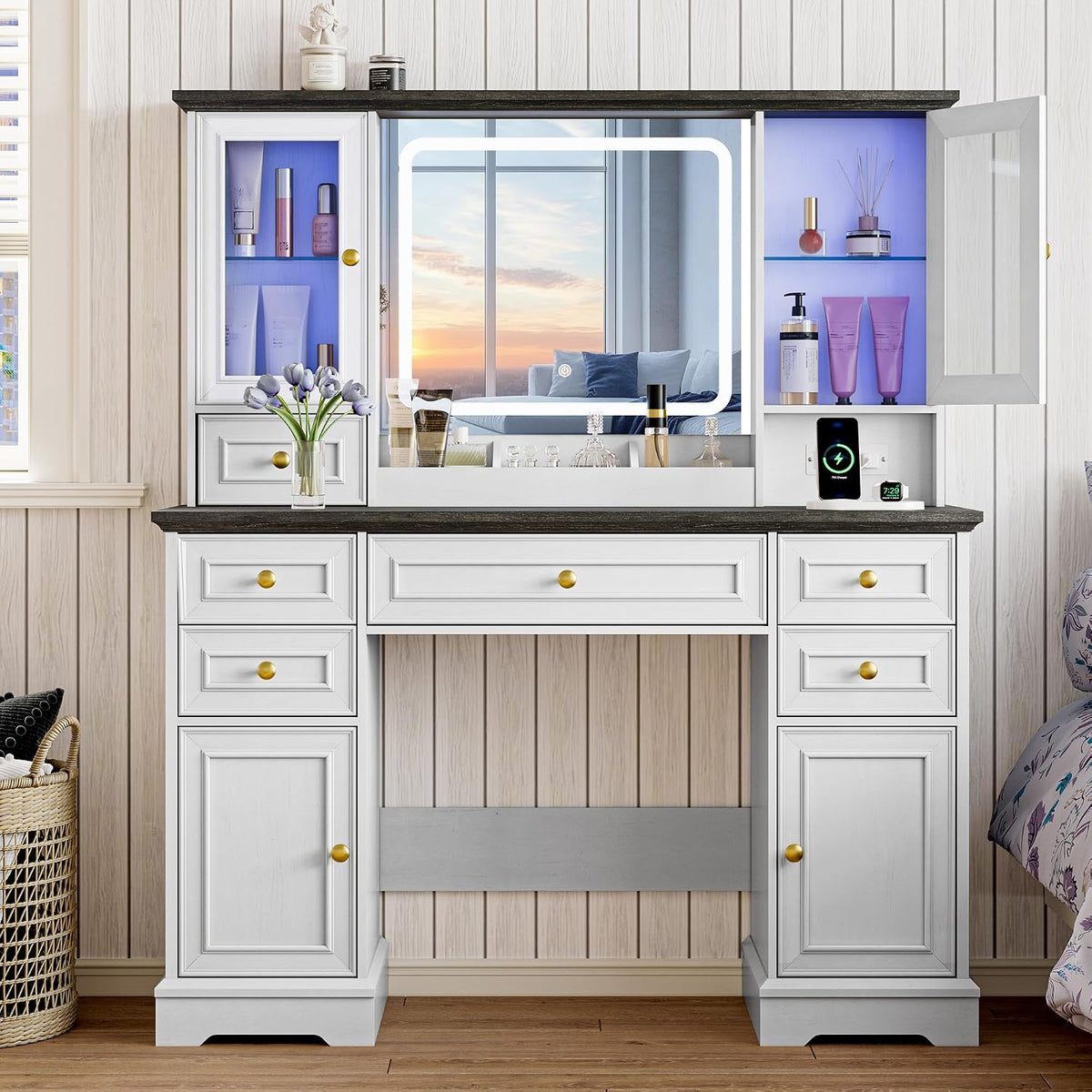 Xixini 43.3" Farmhouse Vanity Desk with LED Mirror, RGB Cabinets, White