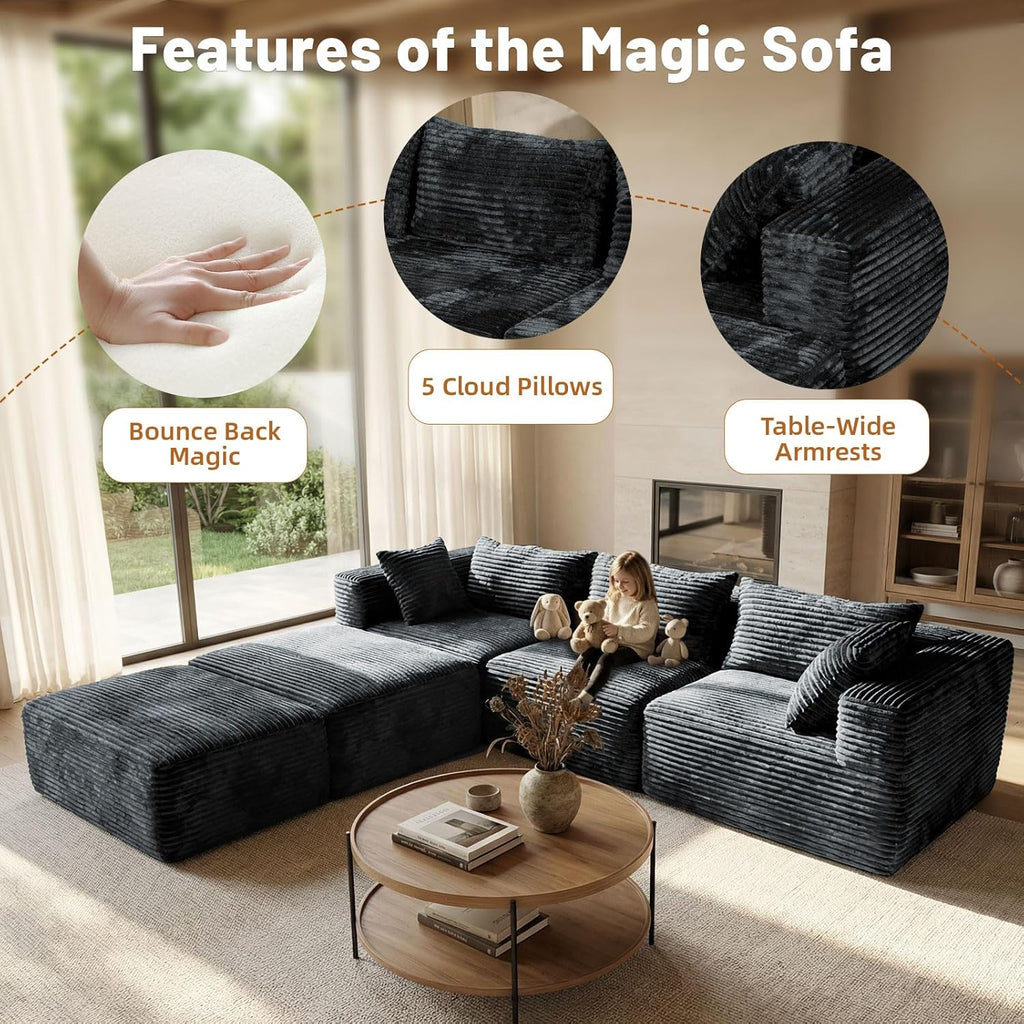 110 Modular Sectional Sofa with 2 Ottomans, Corduroy U-Shaped Modular Sectional Sofa, Convertible Cloud Couch with Deep Seats, No Assembly Required (Grey, 110" 3Seat+2 0ttoman)