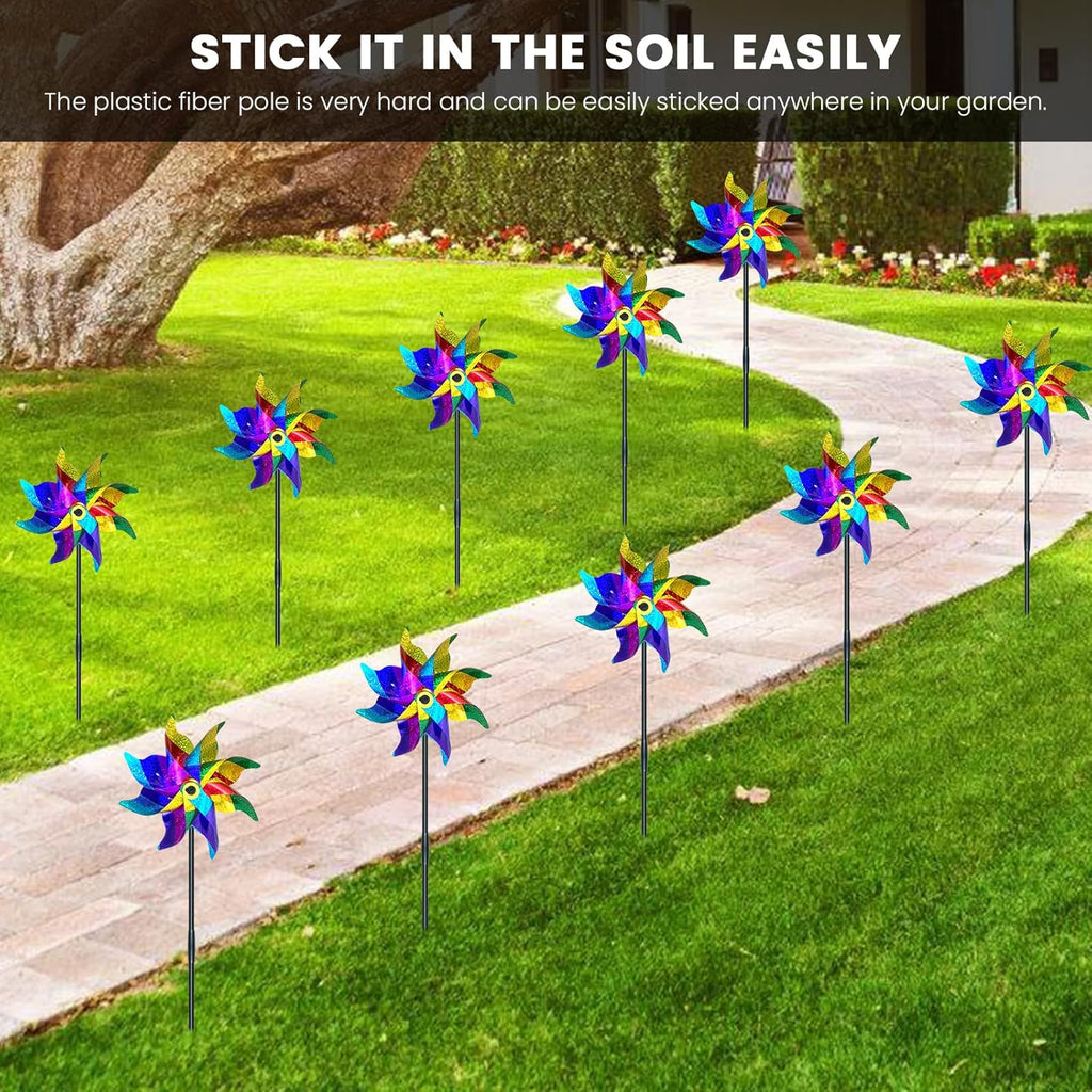 10 PCS Reflective Pinwheels for Yard and Garden Bird Devices Pre-Installed Sparkly Wind Spinner Deterrent to Scare Birds Away from Yard Patio Farm (Multicolor-1)