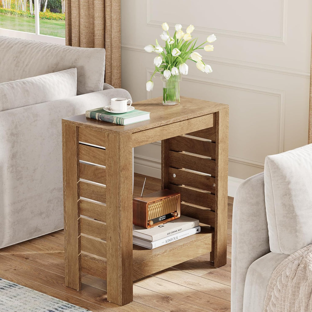 Tribesigns Narrow Side Table, 2-Tier Farmhouse Wooden End Table with Storage Shelf, Skinny Accent Nightstand for Living Room, Bedroom and Office, Easy Assembly (1)