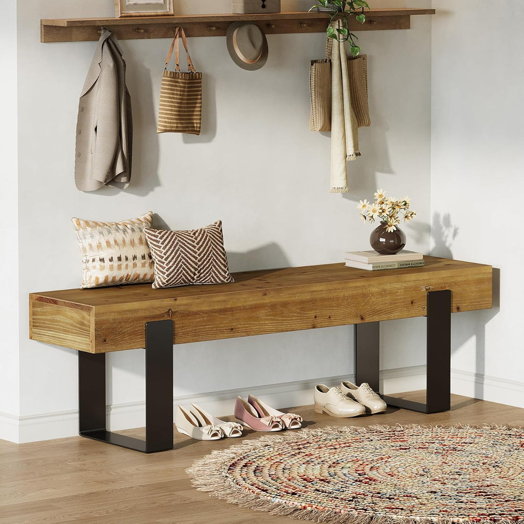 Solid Wooden Entryway Bench, 63" Farmhouse Indoor Shoe Bench with Metal Legs, Industrial Long End of Bed Stool with Seating for Entry, Hallway, Porch, Living Room, Mudroom, Easy Assembly