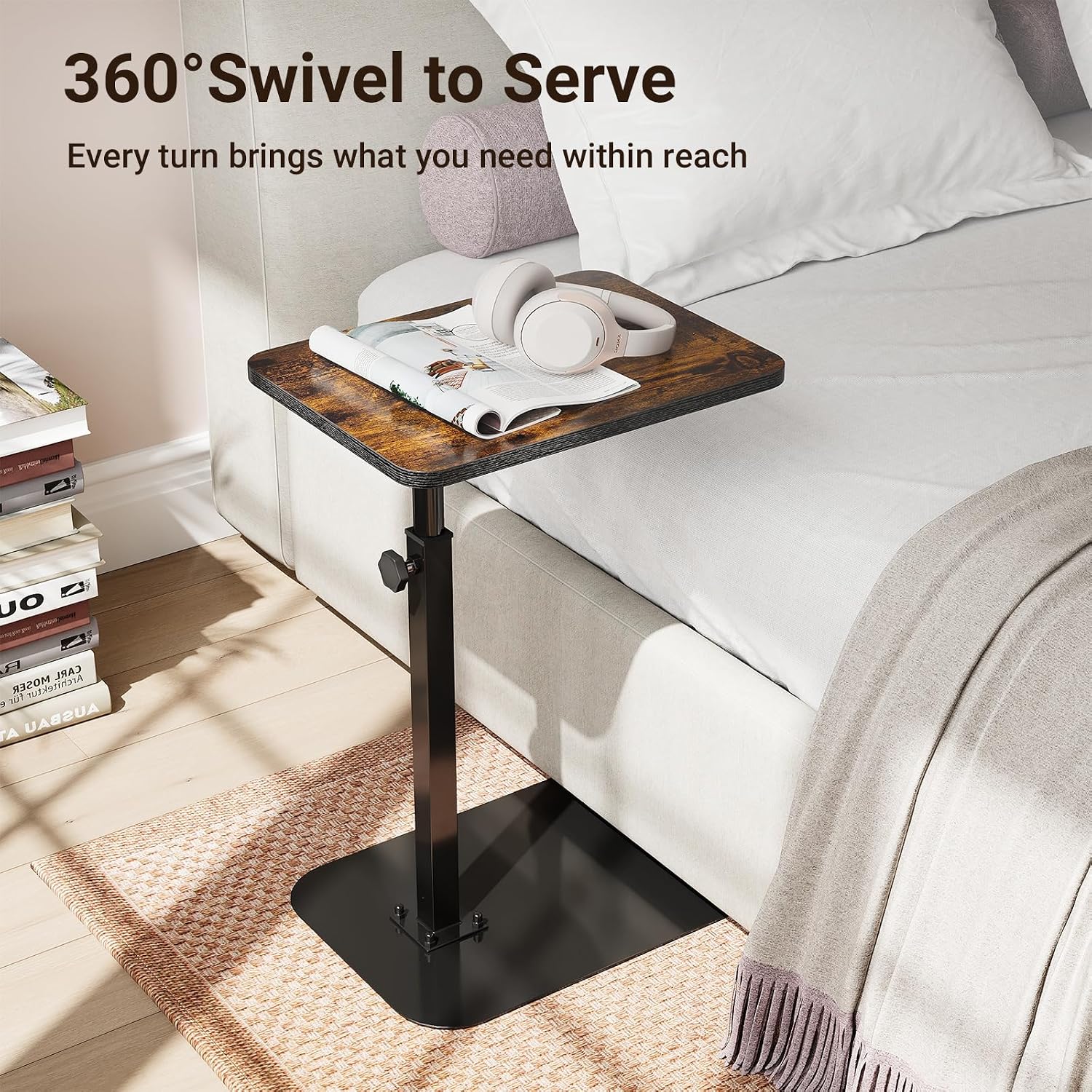ELYKEN Adjustable Height TV Tray Table for Couch, 360° Swivel Side Table | C Shaped End Table, 18"-33" Height Range Laptop Stand for Recliner, Small Bedside Table