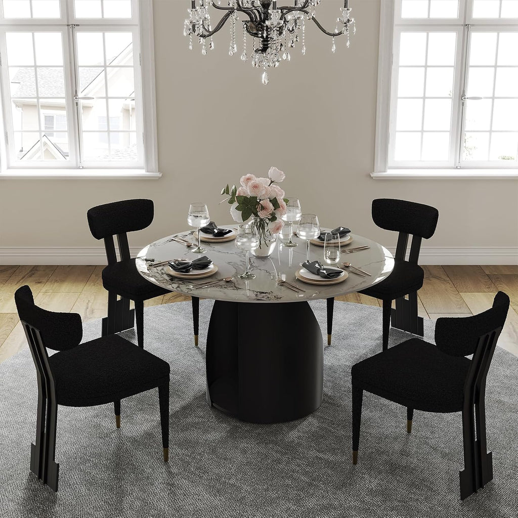 Black and Gold Dining Chairs Set of 4, Mid Century Upholstered Dining Room Chairs with Curved Backrest and Stainless Steel Legs, Luxury Modern Boucle Dining Chairs for Kitchen, Living Room