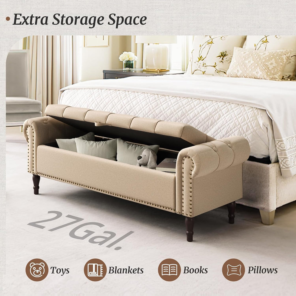 Cozyman Storage Bench Ottoman, 61" Long King Linen Rolled Arm Bedroom End of Bed Bench, Window Bench with Button Tufted and Nailhead Trim for Foot of Bed Bench, Bedroom, Entryway, Living Room, Wheat