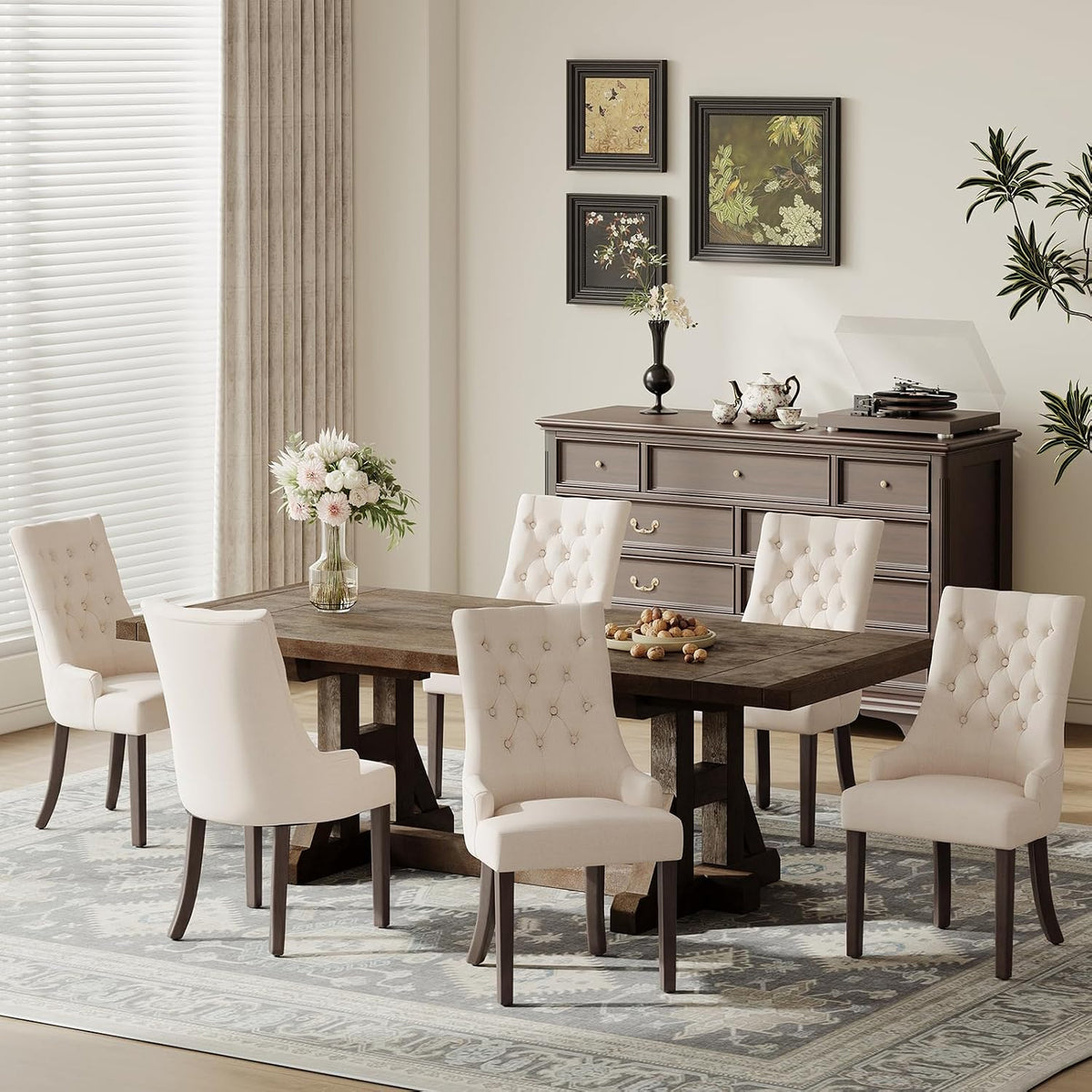 COLAMY Wingback Upholstered Dining Chairs Set of 6, Fabric Side Dining Room Chairs with Tufted Button, Living Room Chairs for Home Kitchen Resturant- Beige
