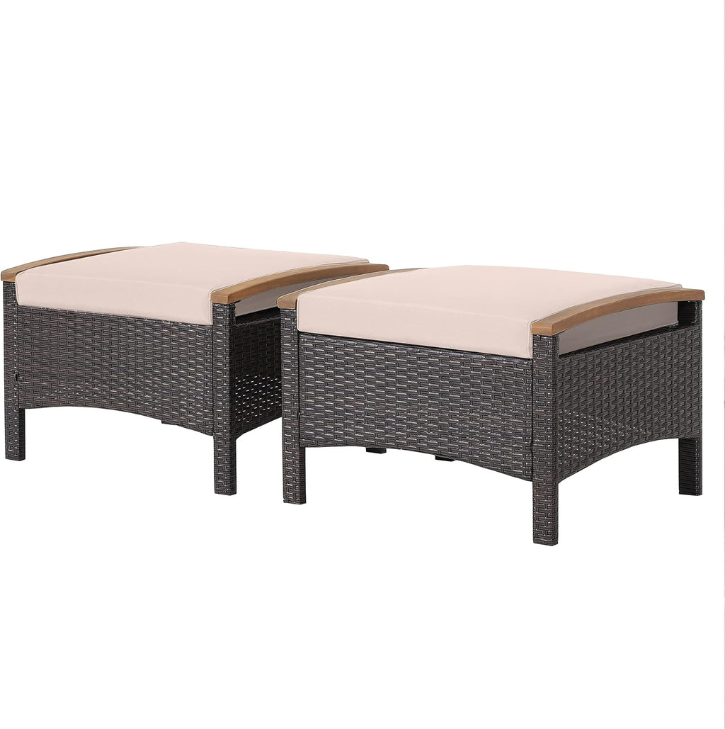 HAPPYGRILL Set of 2 Outdoor Patio Ottoman PE Rattan Wicker Ottomans with Removable Cushions and Solid Acacia Wood Handle Outdoor Footstool Footrest Set Seats and Side Table Set