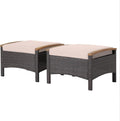 HAPPYGRILL Set of 2 Outdoor Patio Ottoman PE Rattan Wicker Ottomans with Removable Cushions and Solid Acacia Wood Handle Outdoor Footstool Footrest Set Seats and Side Table Set
