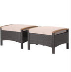 HAPPYGRILL Set of 2 Outdoor Patio Ottoman PE Rattan Wicker Ottomans with Removable Cushions and Solid Acacia Wood Handle Outdoor Footstool Footrest Set Seats and Side Table Set
