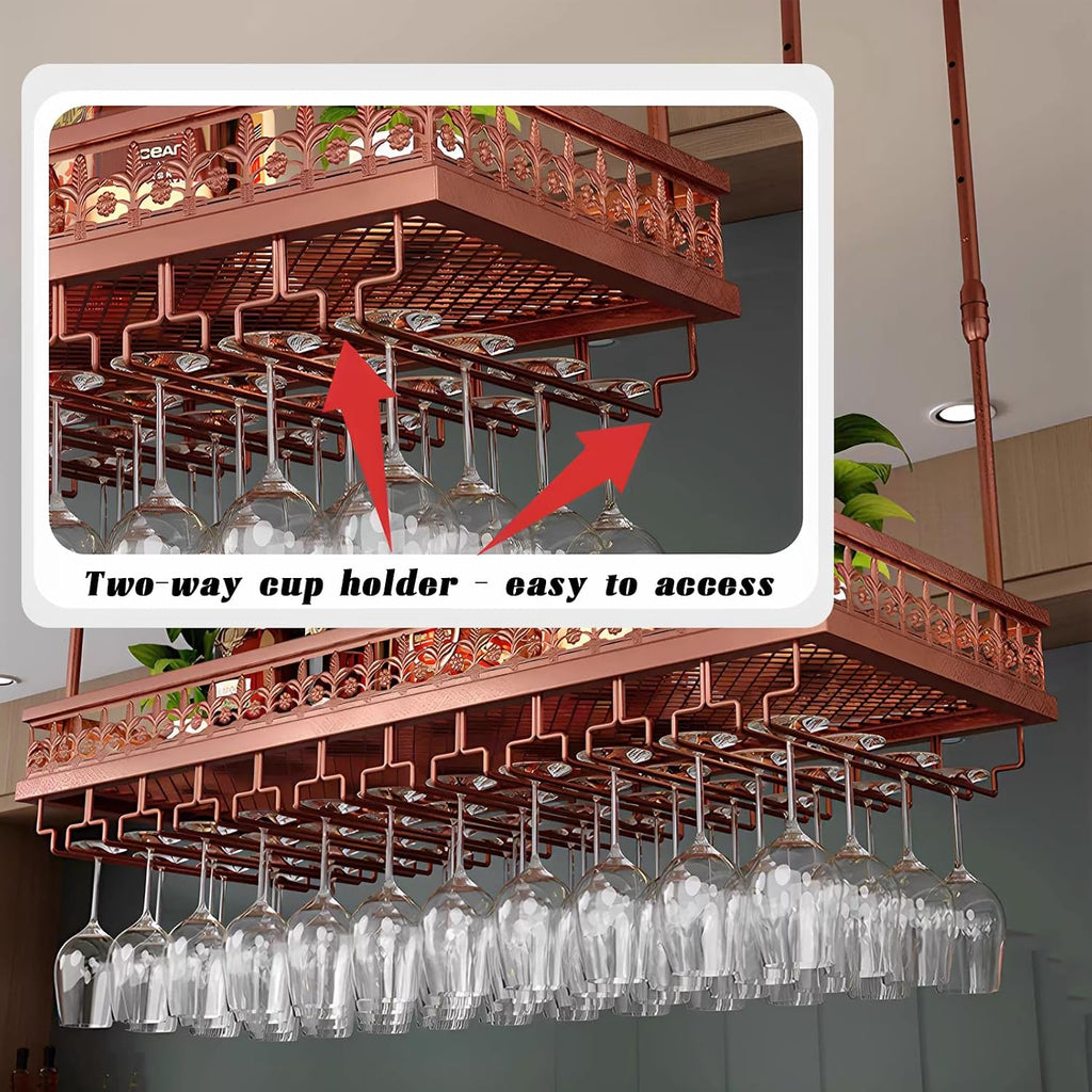 Ceiling Wine Rack-Hanging Stemware Holderfor Bar,23.6"x11.8"-Black | Adjustable Height 12"-24”,Industrial Iron Hanging Kitchen Wine Bottle Organizer Shelf,Space-Saving
