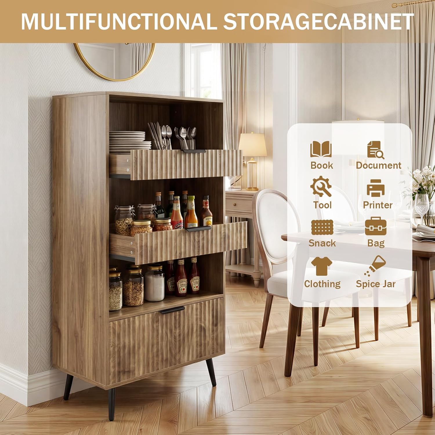 Bathroom Storage Cabinet Set of 2, 47.2" Wide 5-Tier Freestanding Pantry Cabinet with 6 Extra-Large Drawers & 2 Open Shelves, Fluted Floor Organizer Cupboard for Kitchen, Living Room, Yellow Oak