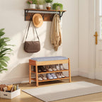 PARTPHONER Shoe Rack Bench with Storage, 2-Tier Solid Wood Entryway Bench with Cotton-Linen Cushion, Multipurpose Storage Organizer Bench for Bedroom, Hallway, Living Room, 31.5”