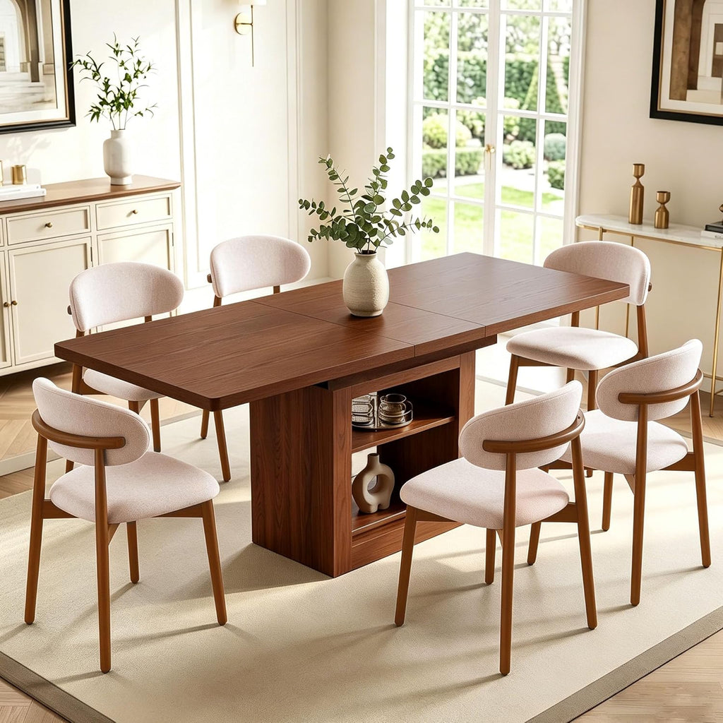 Extendable Dining Table Set for 6, Modern 7-Piece Kitchen Table and Chairs with Storage Shelves, 59" to 71" Adjustable, Space-Saving Rectangular Dining table Set, for Kitchen, Living Room & Office