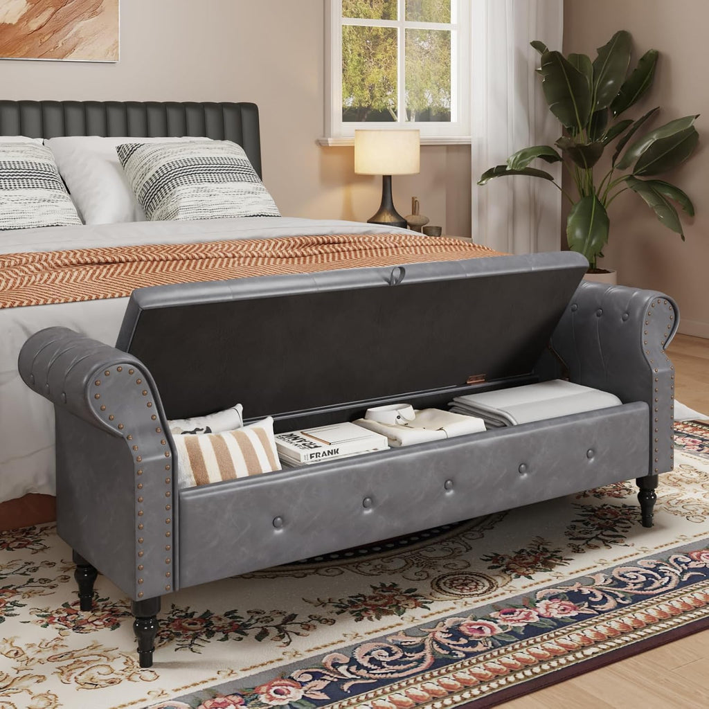 FiveWillowise 65" End of Bed Storage Bedroom Bench with Storage,Faux Leather Storage Ottoman Bench with Rolled Arms and Nailhead Trim for King Size End of Bed,Entryway,Living Room,Grey