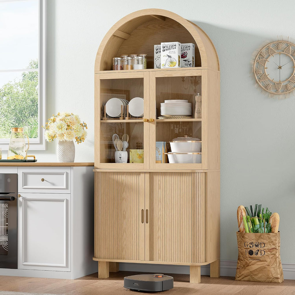 69" Tall Kitchen Pantry Storage Cabinet with Sliding Door, Modern Curved Edge Pantry Storage Cabinet with Glass Door & Adjustable Shelves, Oak Cupboard for Kitchen, Dining Room, Living Room, Office