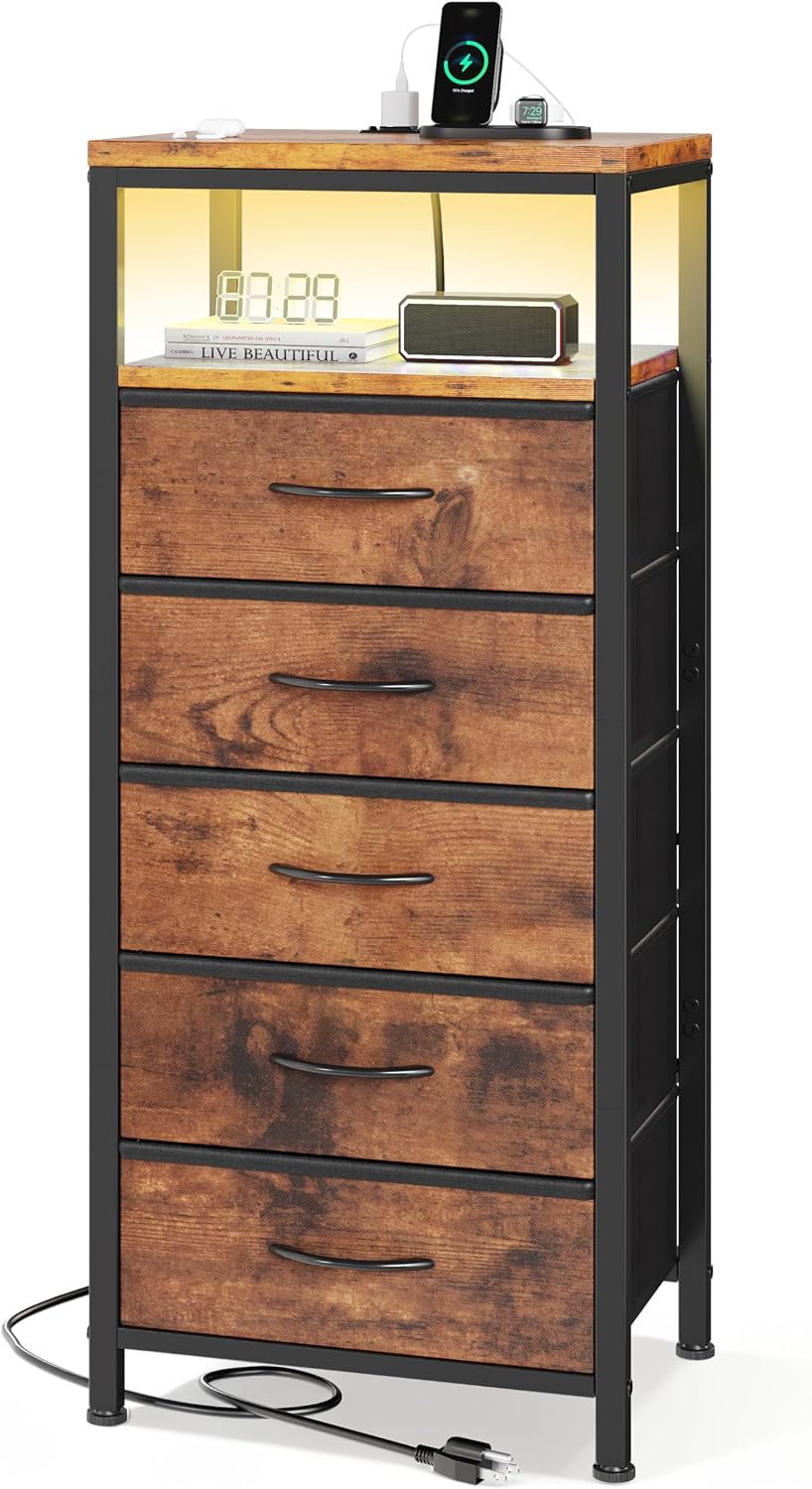 Sweetcrispy Nightstand with Charging Station 5 Fabric Drawers Bedside Table | Night Stand with USB Type-C Ports, AC Outlets & Dimmable LED Light Strip, Modern Rustic Brown Bedroom End Table