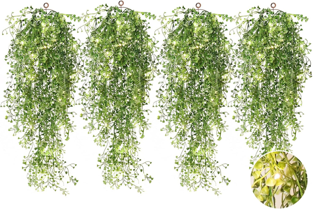 RECUTMS Artificial Hanging Ferns 2.5ft Artificial Ivy Vine Greenery with 30 LED Large Faux Wall Plants Artificial Plants Outdoor for Farmhouse Room Corridor Window Decor 4 PCS (White)