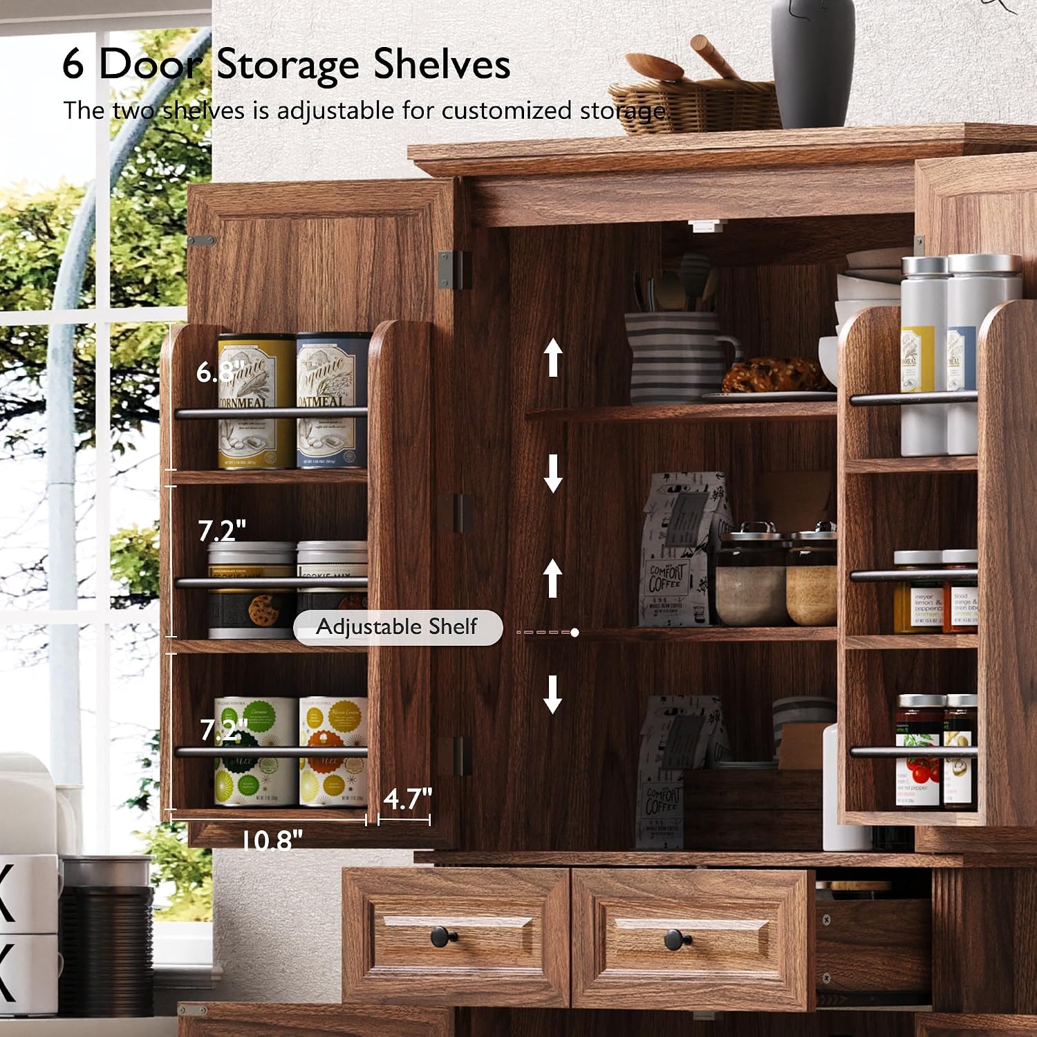 Polibi 71.2" Tall Kitchen Pantry Hutch with 3 Pull Out Cabinet Organizers,Farmhouse Embossed Texture Storage Cabinet with 6 Door Shelves,2 Drawers,Freestanding Cupboard for Kitchen, Dining Room,Brown