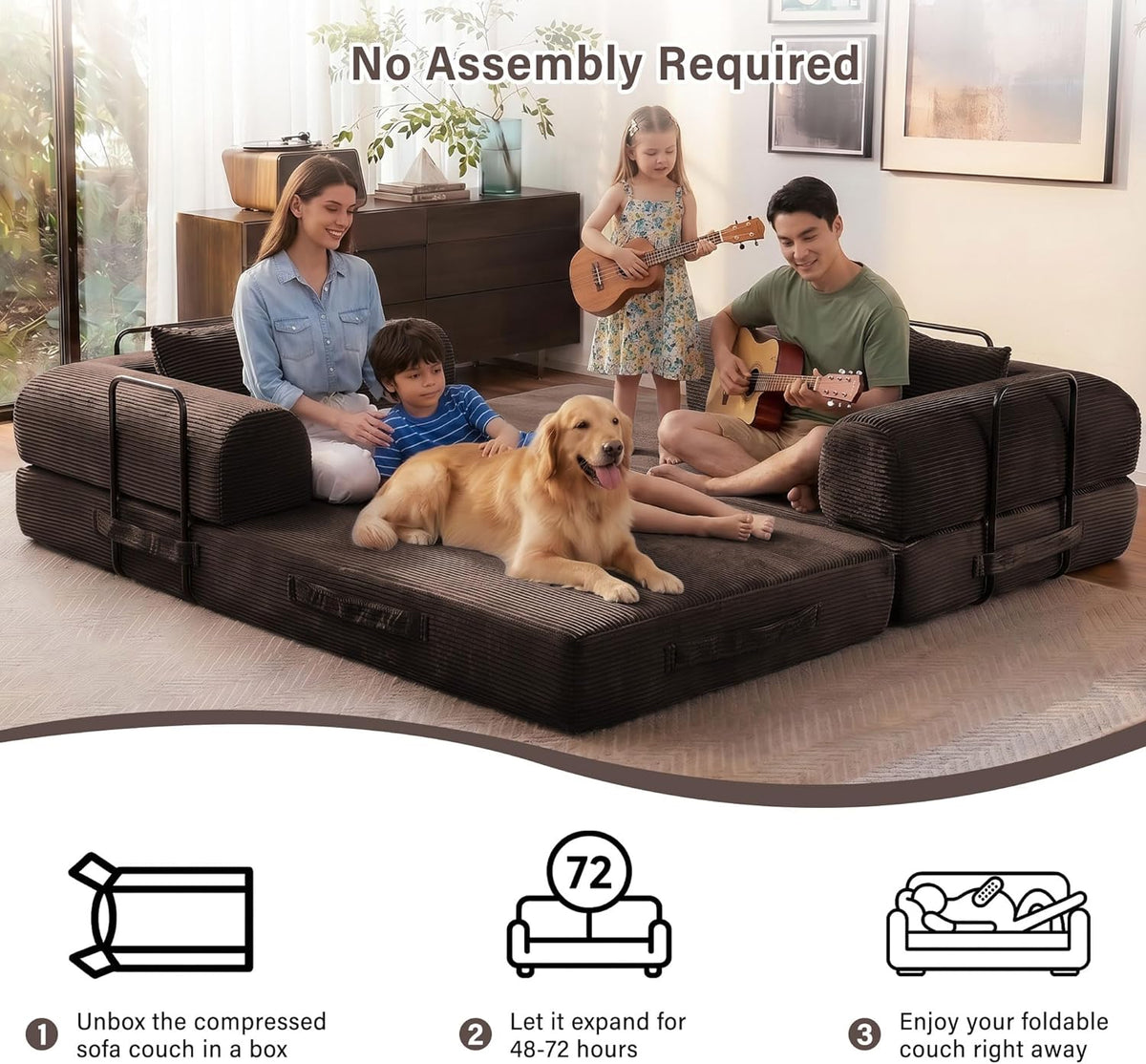 79" Convertible Sofa Bed, 5-in-1 Corduroy Couch Bed Sofa Pull Out, Memory Foam Couch, No Assembly Futon Couches for Living Room (Brown)
