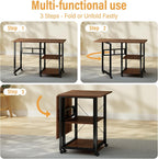 Funecy Folding Desk with Storage Shelf, Writing Office Computer Desk, 42.5 Inch Multi-Purpose Folding Dining Table, Mobile Table with Wheels (Brown)