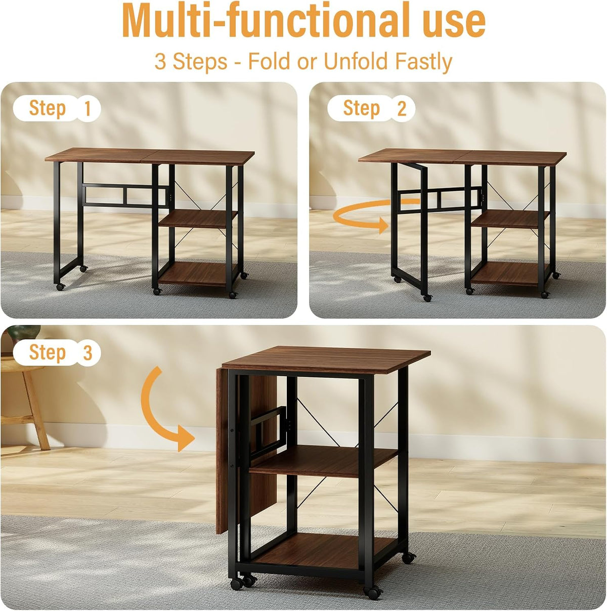 Funecy Folding Desk with Storage Shelf, Writing Office Computer Desk, 42.5 Inch Multi-Purpose Folding Dining Table, Mobile Table with Wheels (Brown)