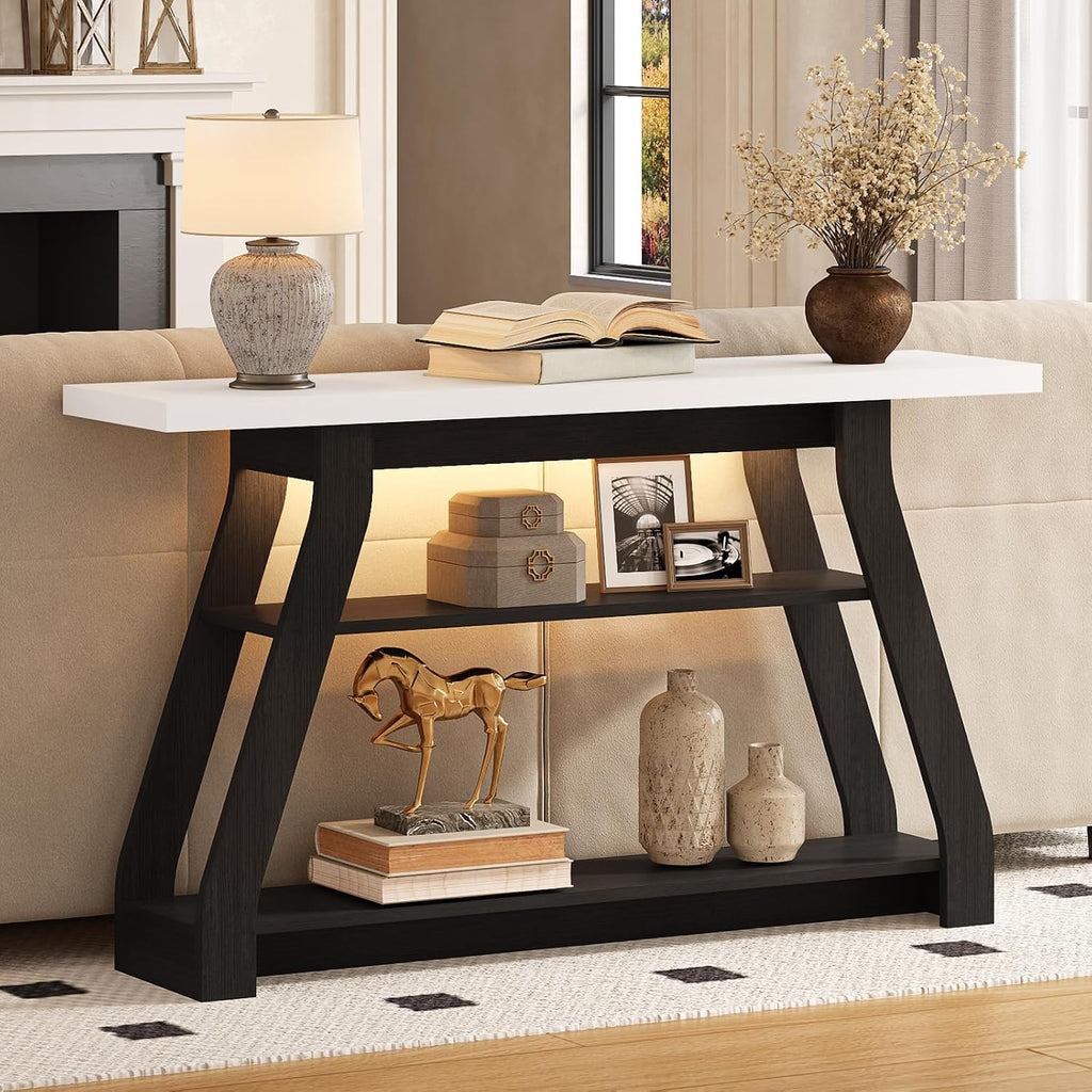 Console Table, 55-Inch Entryway Table with LED Light 3-Tier Narrow Wood Console Tables Behind Couch Sofa Tables for Living Room, Entryway, Hallway (Black+White)