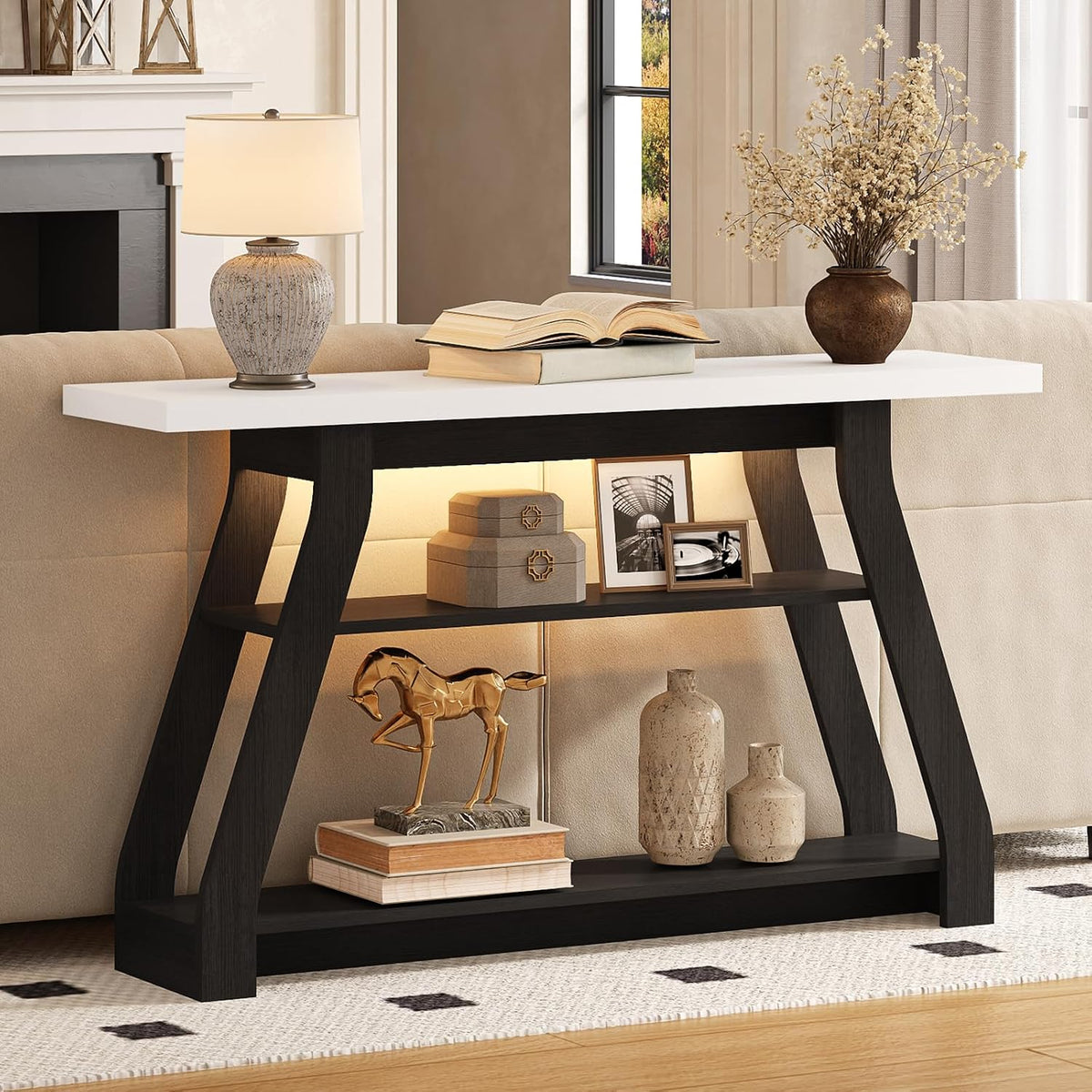 Console Table, 55-Inch Entryway Table with LED Light 3-Tier Narrow Wood Console Tables Behind Couch Sofa Tables for Living Room, Entryway, Hallway (Black+White)