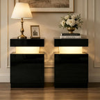 Nightstand Set of 2, Night Stands with LED Lights, Bedside Table End Side Table with Storage Cabinet for Bedroom, Black