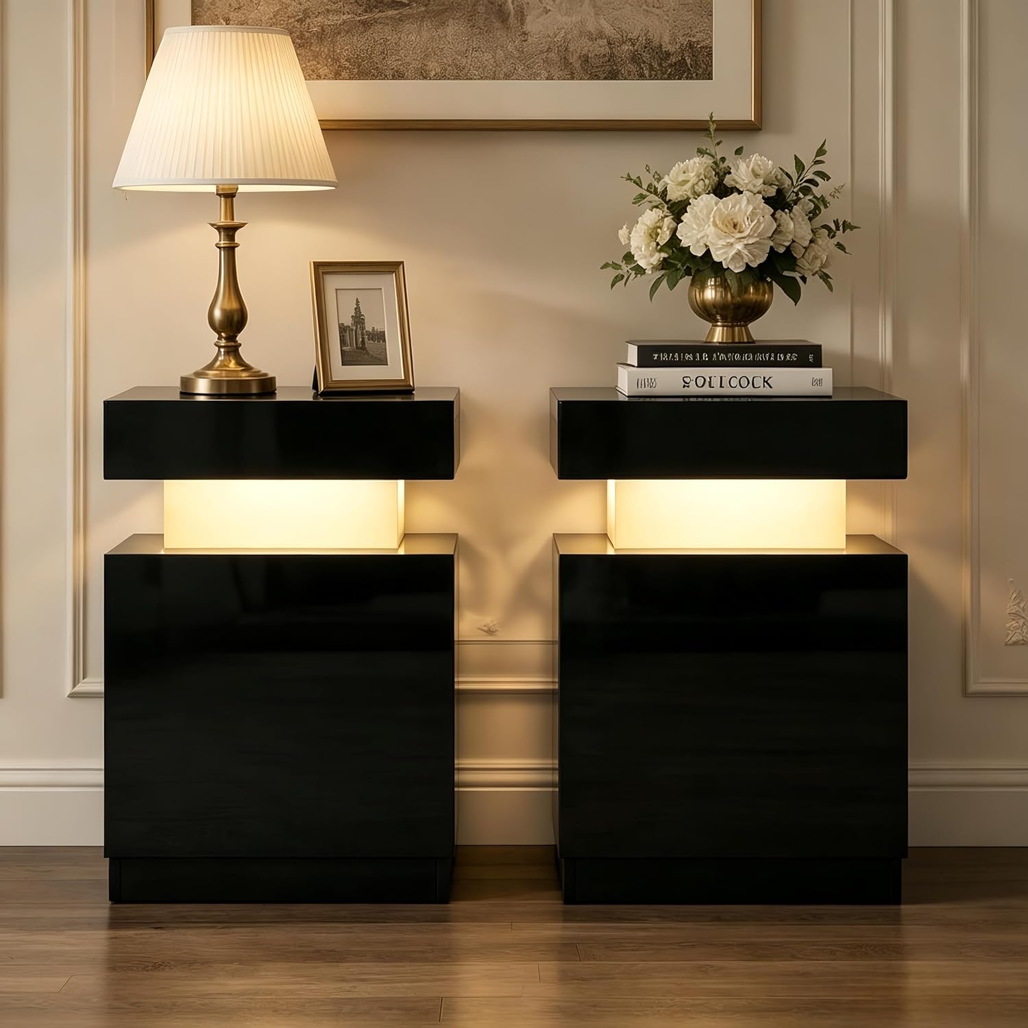 Nightstand Set of 2, Night Stands with LED Lights, Bedside Table End Side Table with Storage Cabinet for Bedroom, Black