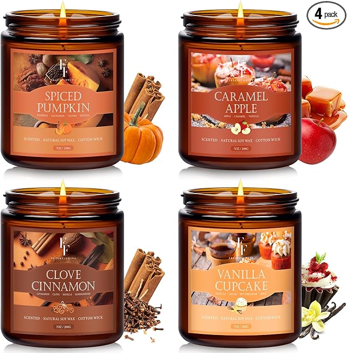 Fall Candles Set, 4 Pack Candles for Home Scented Natural Soy Wax, Autumn Gifts Set for Women Men, Fall Fragrance of Pumpkin/Cinnamon/Vanilla Cupcake/Apple