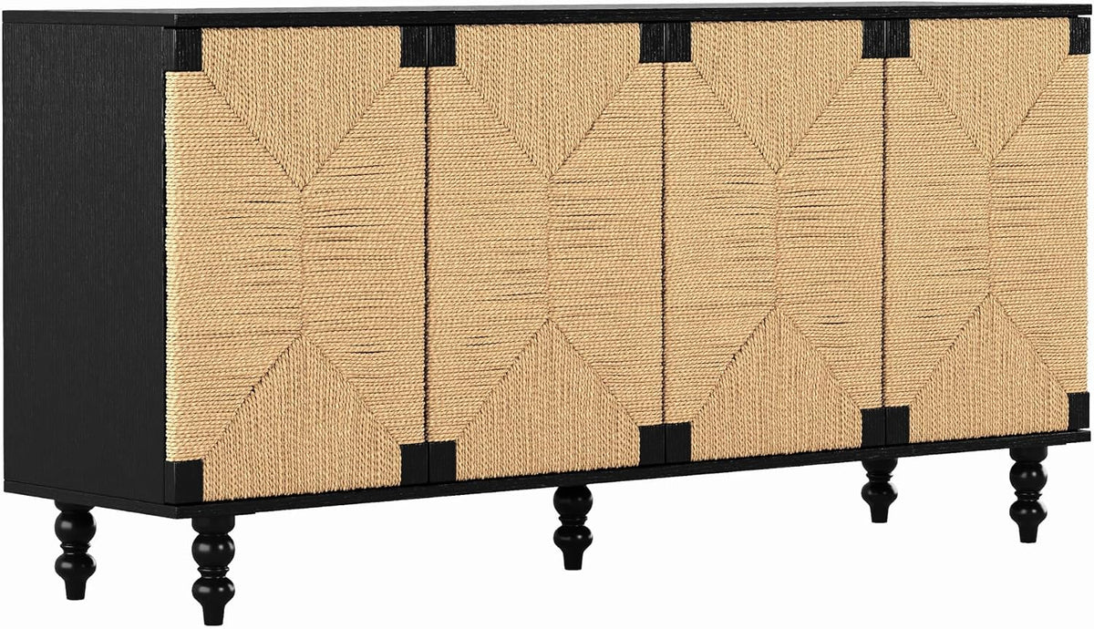 Handwoven Seagrass Doors Sideboard, 59 Inch Boho TV Stand Media Console Buffet Cabinet with Solid Wood Legs, Black and Natural Finish for Dining Room, Living Room, Entryway Storage