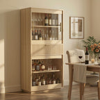 IRONCK 69" Tall Kitchen Pantry, Modern Farmhouse Fluted Kitchen Storage Cabinet with Sliding Glass Doors, Adjustable Shelves & Drawer, Freestanding Cupboard for Kitchen Dining Room Living Room, Oak