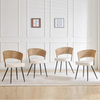 Rattan Dining Chairs Set of 4, Wing Back Dining Chairs Set of 4, PE Wicker Chairs, Cane Back Kitchen Chair with Boucle Cushion,Boucle Seat with Metal Legs for Kitchen, Bedroom