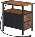 HOOBRO End Table with Charging Station, Narrow Side Table, Nightstand with 2 Non-Woven Drawers, Slim Sofa Side Table, for Small Spaces, Living Room, Bedroom, Rustic Brown and Black BF486UBZ01