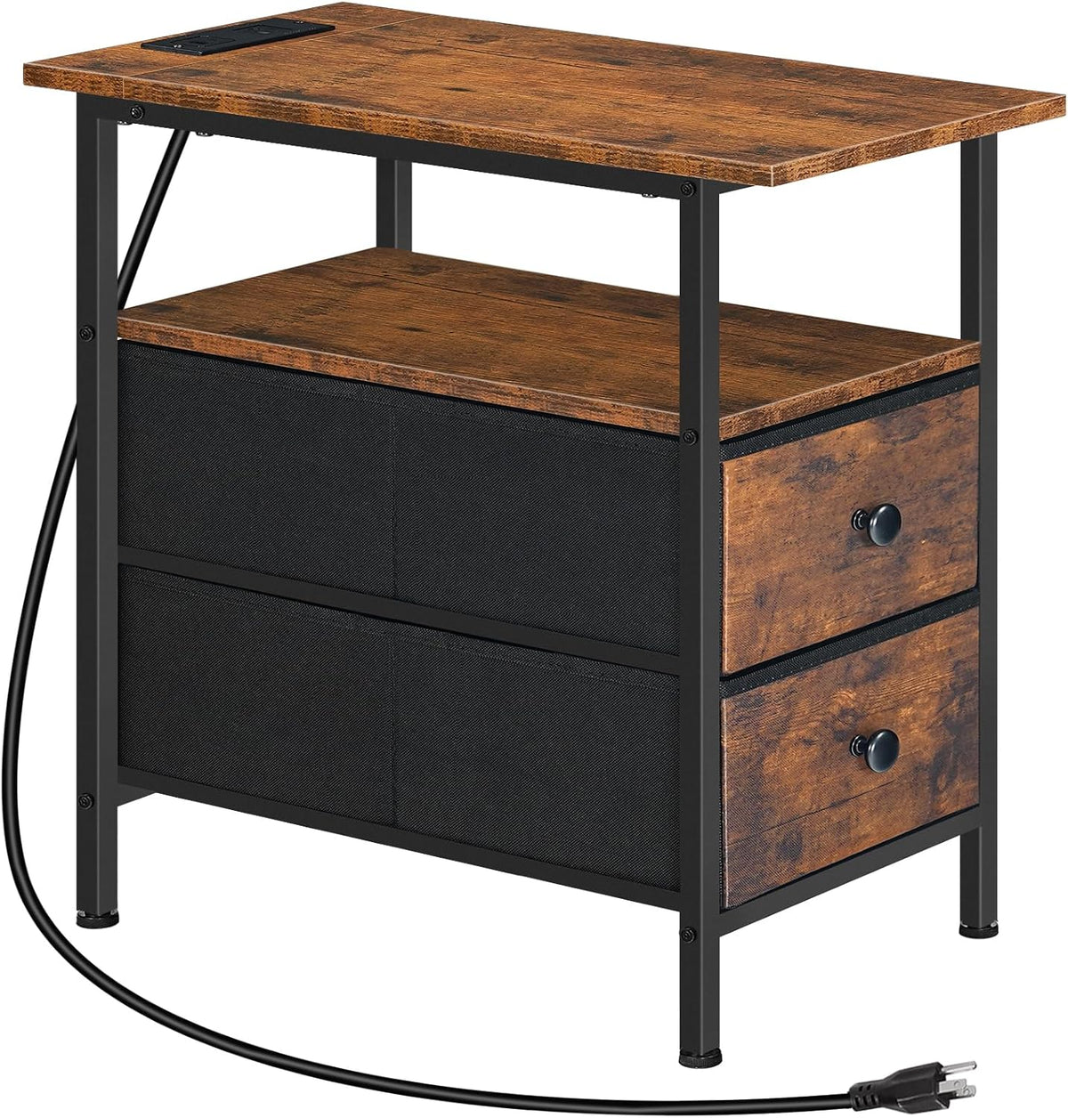HOOBRO End Table with Charging Station, Narrow Side Table, Nightstand with 2 Non-Woven Drawers, Slim Sofa Side Table, for Small Spaces, Living Room, Bedroom, Rustic Brown and Black BF486UBZ01