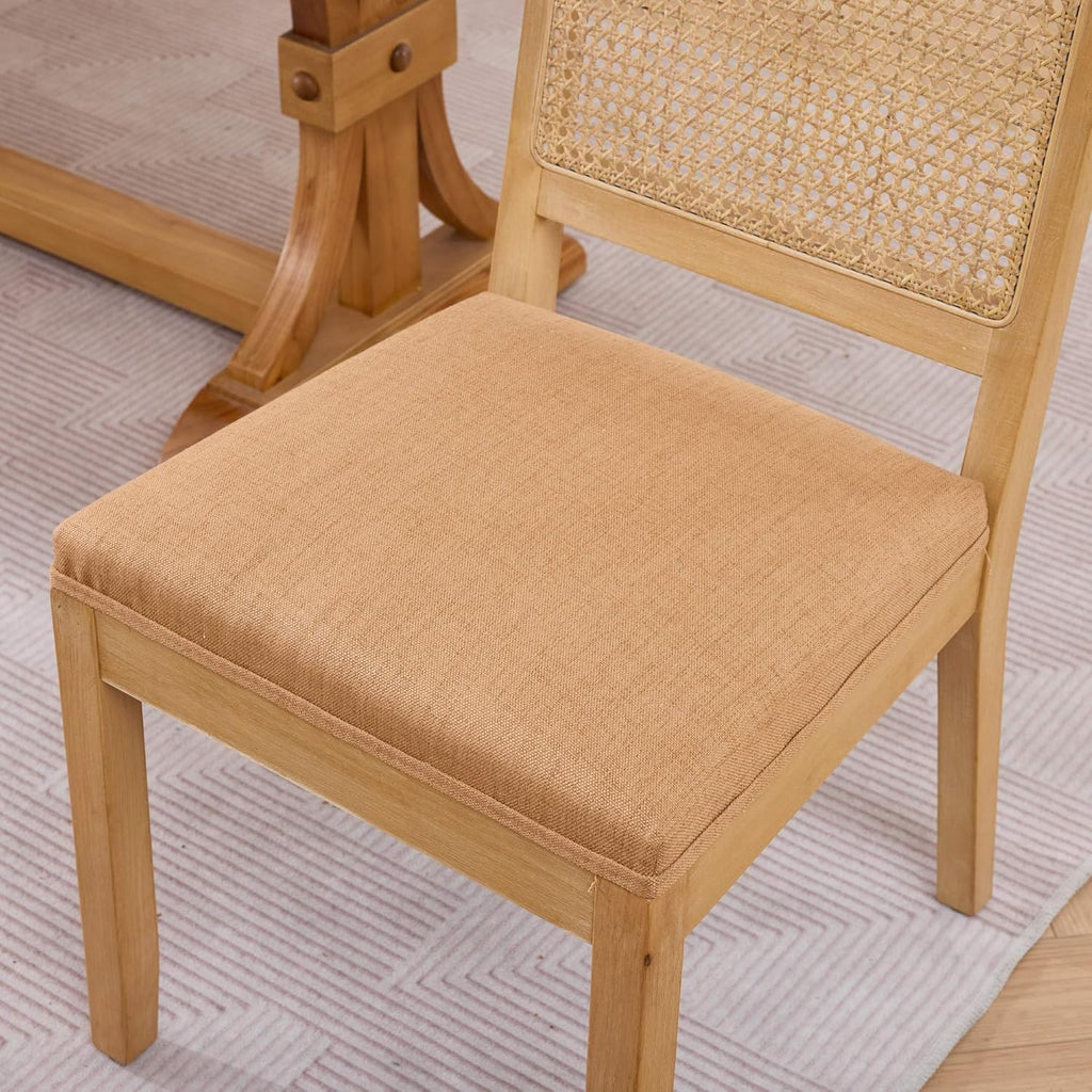 OVENTA Dining Chairs Set of 4, Rattan Back Upholstered Kitchen Chairs, Solid Rubberwood Frame, Boho Mid Century Dining Room Chairs, Brown Rattan