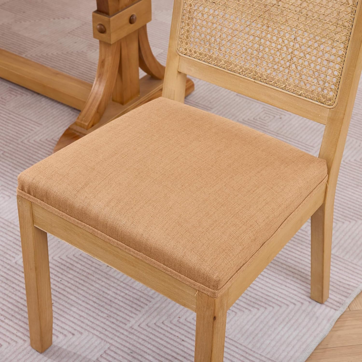 OVENTA Dining Chairs Set of 4, Rattan Back Upholstered Kitchen Chairs, Solid Rubberwood Frame, Boho Mid Century Dining Room Chairs, Brown Rattan