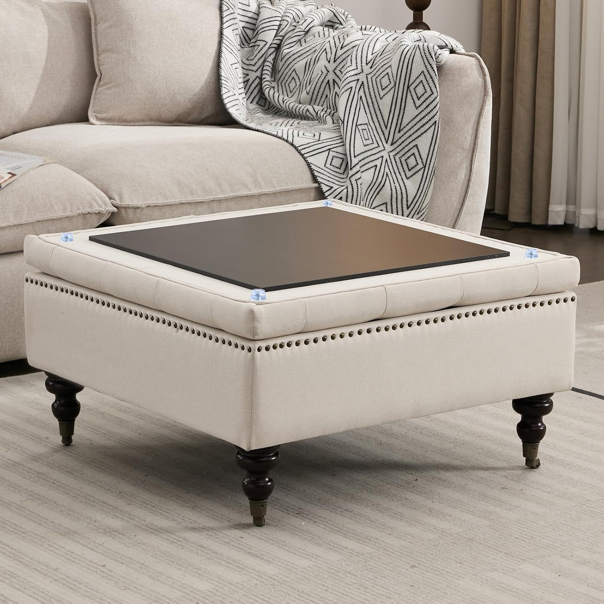Large Square Storage Ottoman Uphlostered Tufted Button Coffee Table, Beige