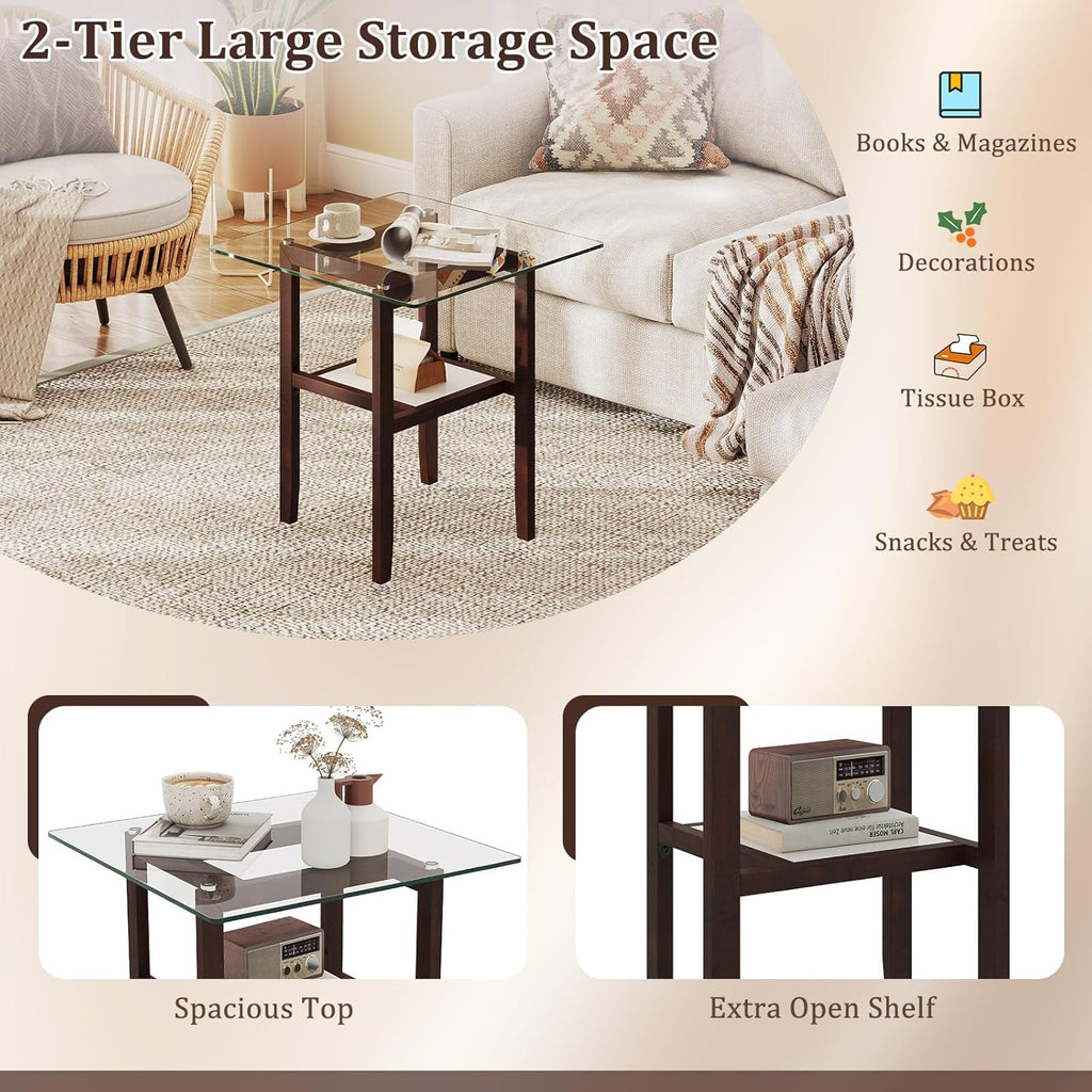 Giantex Glass End Table Set of 2, 24" Square Side Tables with Storage Shelf & Rubber Wood Frame, Small Coffee Table for Living Room, Mid Century Modern Nightstands for Bedroom