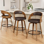 REONEY Swivel Bar Stools Set of 3, 26" Counter Height, Brown | Walnut Wood Legs, Upholstered Seat, Supportive Backrest, Mid-Century Modern, PU Leather, for Kitchen Island, Bar, Coffee Shop