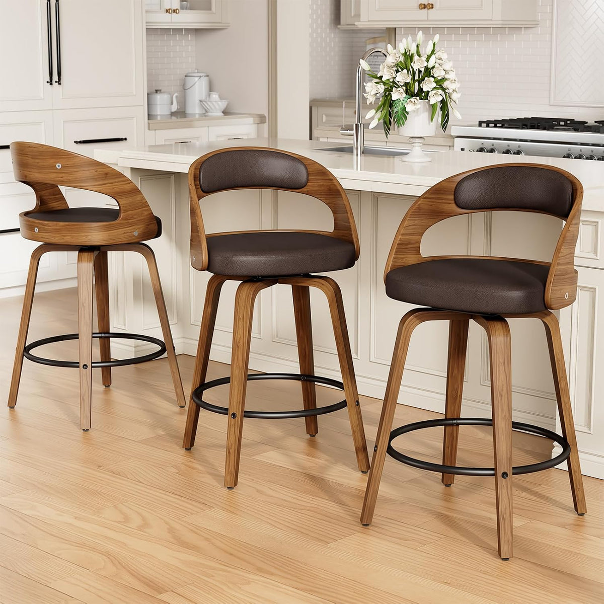 REONEY Swivel Bar Stools Set of 3, 26" Counter Height, Brown | Walnut Wood Legs, Upholstered Seat, Supportive Backrest, Mid-Century Modern, PU Leather, for Kitchen Island, Bar, Coffee Shop