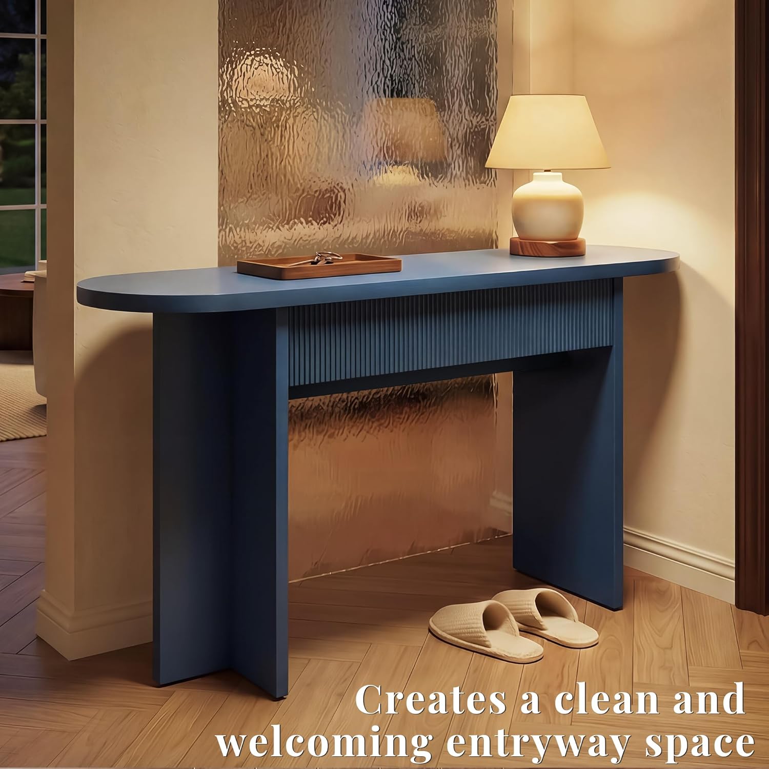 63" Fluted Entryway Console Table with 2 Drawers & Storage, Blue | Ribbed Accent Piece,Curved Edge,Hidden Catch-All,Dense MDF,Narrow Hallway,Behind Couch,Slim Profile,Solid Build,Foyer Accent