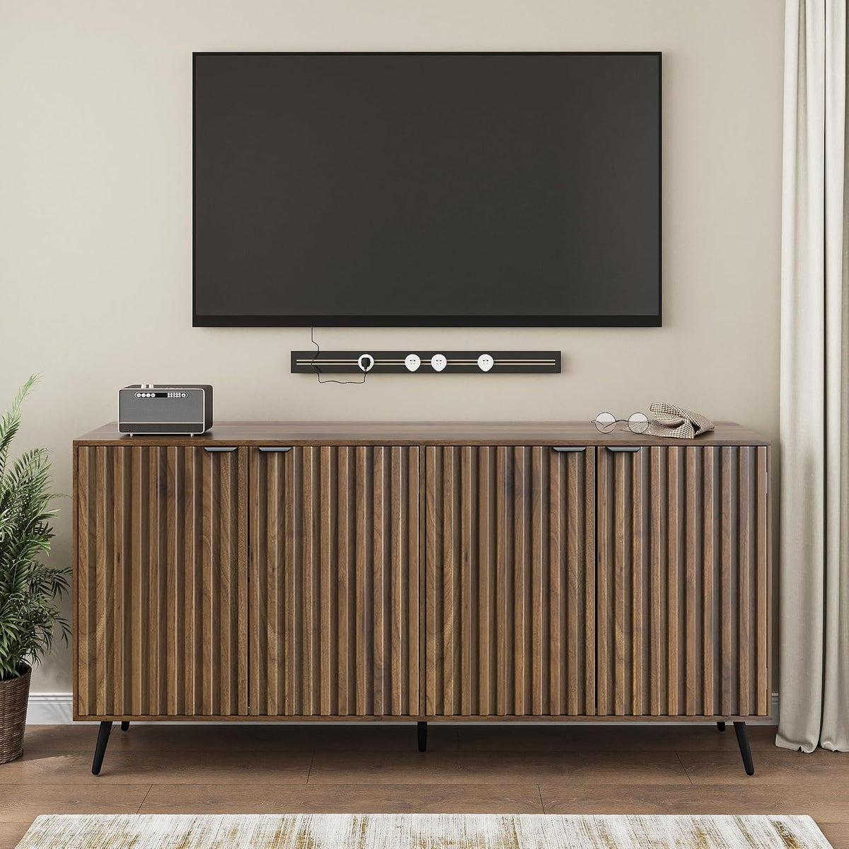 Smuxee 63" Fluted Sideboard Cabinet, Freestanding Walnut Buffet Cabinet with Adjustable Shelf, Wood Storage Cabinet for Living Room, Entryway, Hallway
