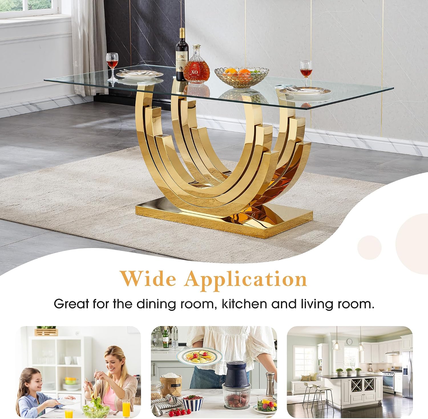 70 inch Tempered Glass Dining Table, Rectangular Glass Kitchen Table with Gold Stainless Steel C Shape Base, 4 to 6 Seater, Modern Dining Room Table for Daily Meals, Dinner Party, Family Gathering